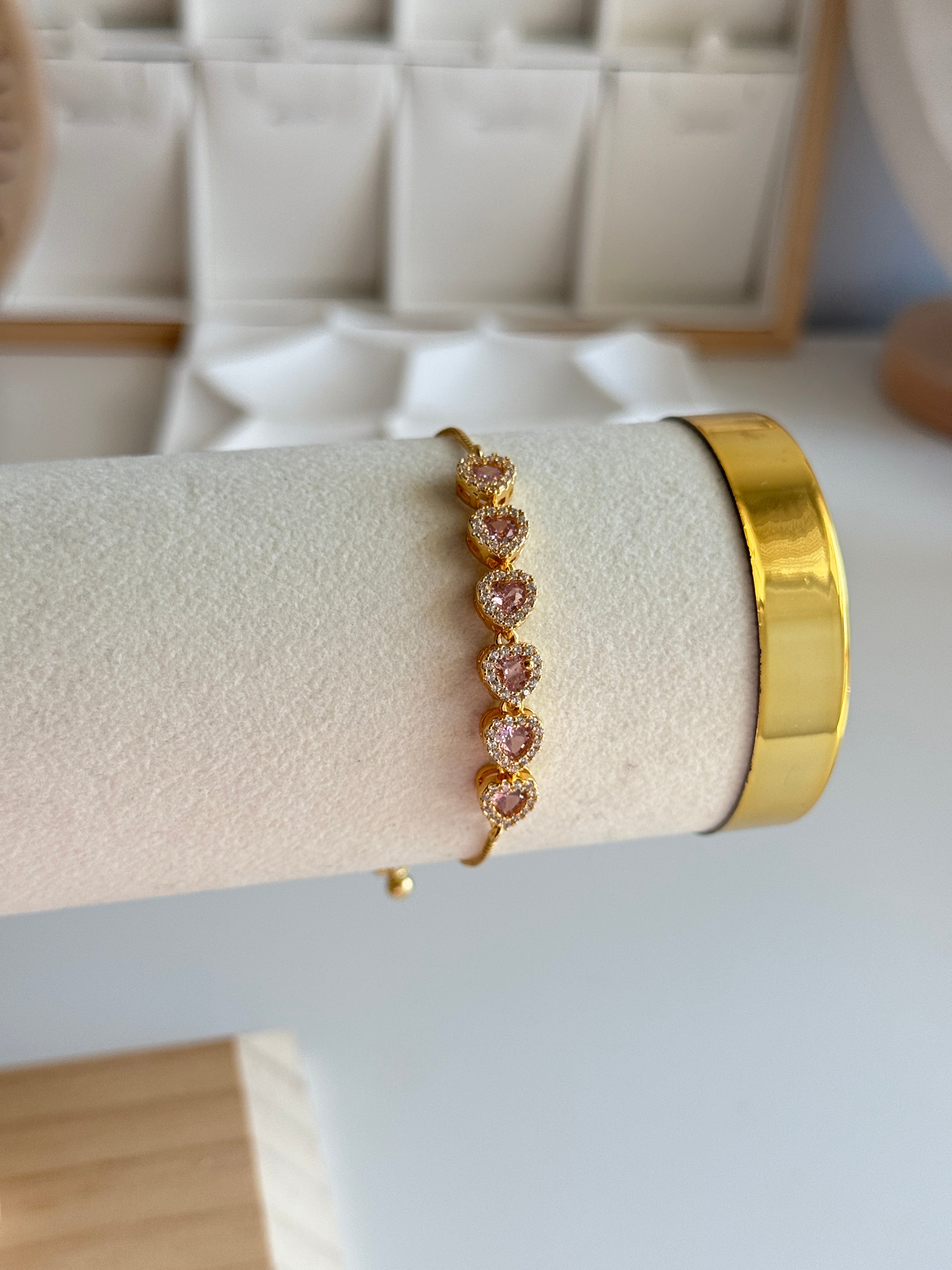 Gold Pink Heart Zircon Slider Bracelet