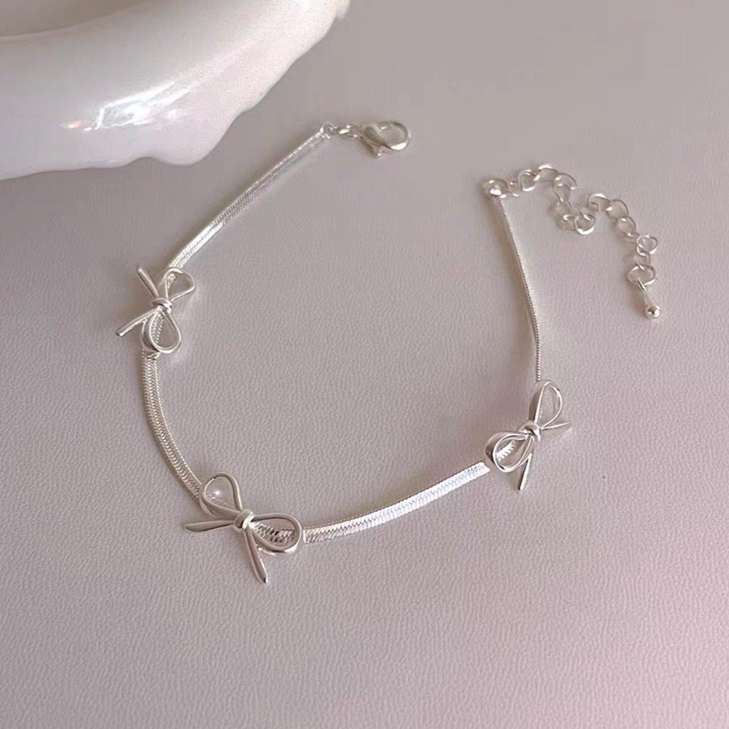 Silver Triple Bow Charm Bracelet