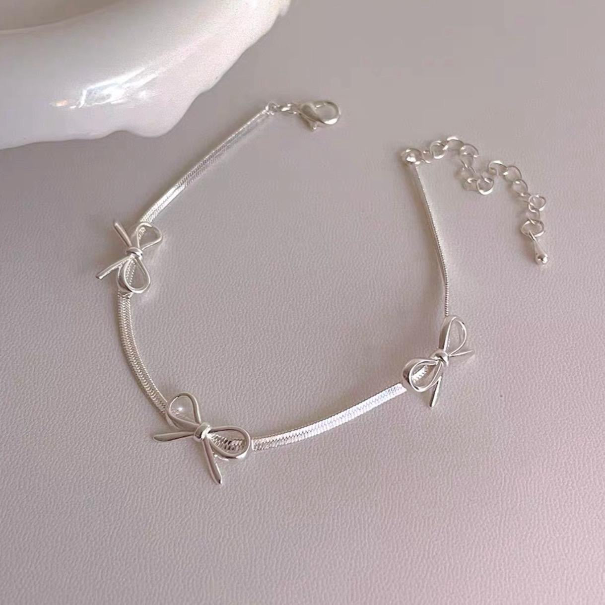 Silver Triple Bow Charm Bracelet
