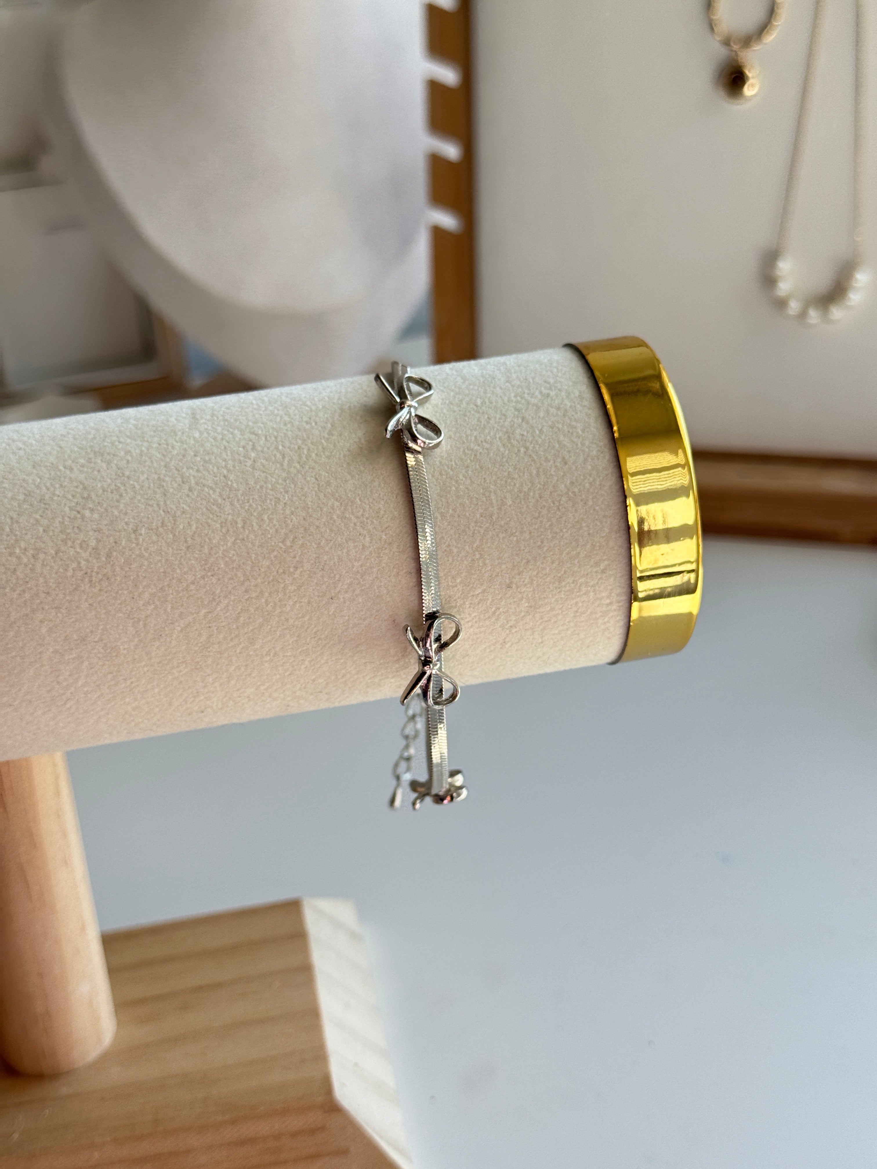 Silver Triple Bow Charm Bracelet