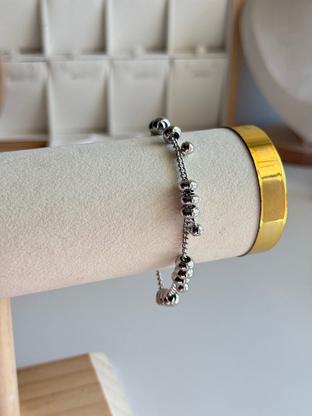 Silver Beaded Charm Bracelet – Adjustable Chain