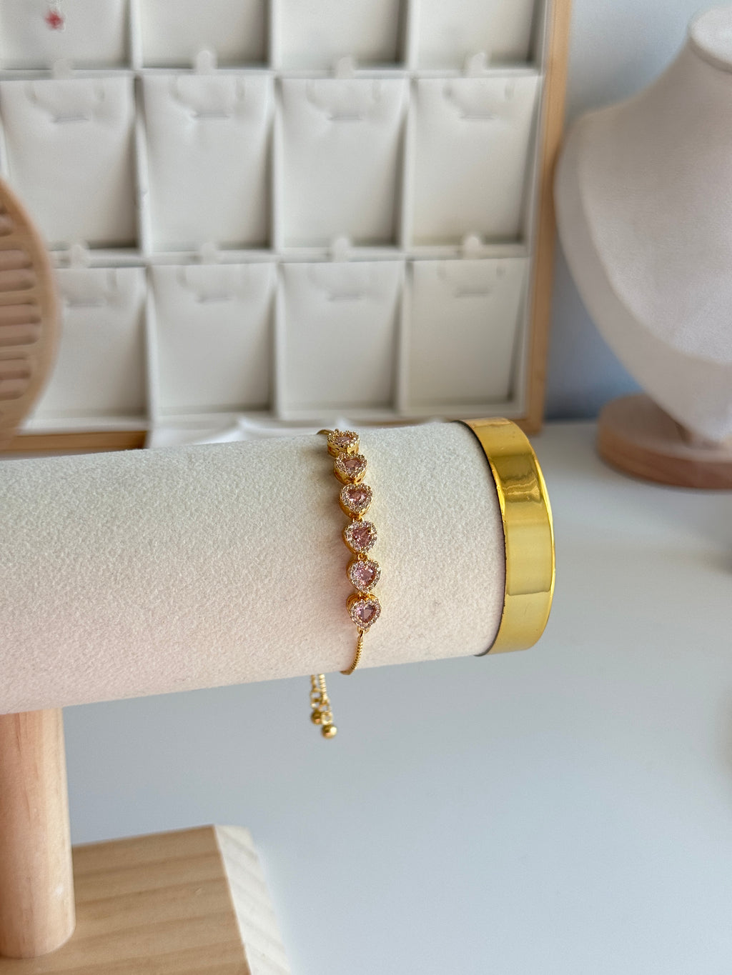 Gold Pink Heart Zircon Slider Bracelet