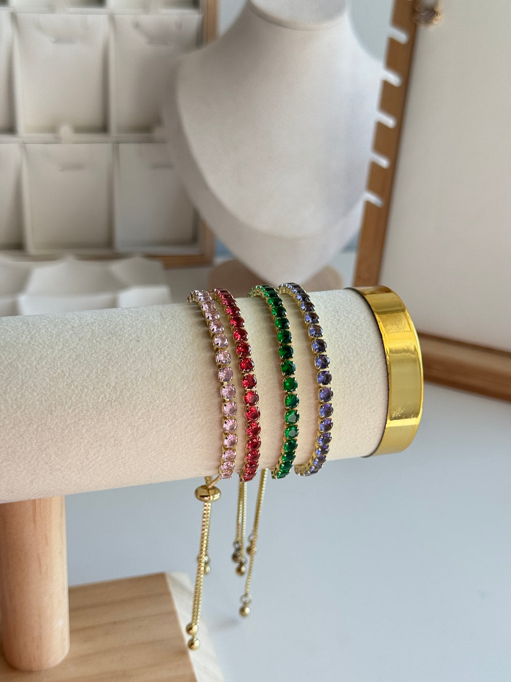 Gold Plated Adjustable Crystal Tennis Bracelet – Multiple Colors