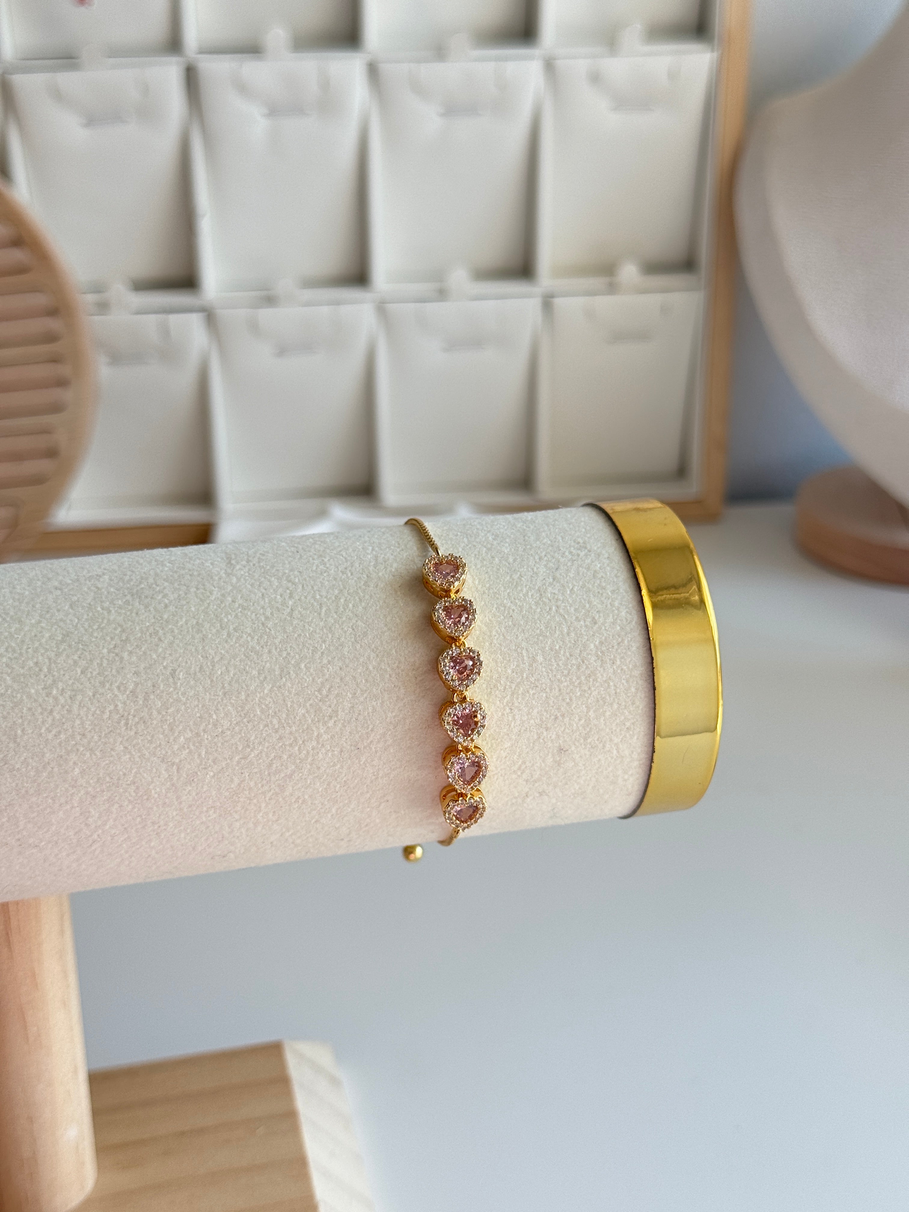 Gold Pink Heart Zircon Slider Bracelet