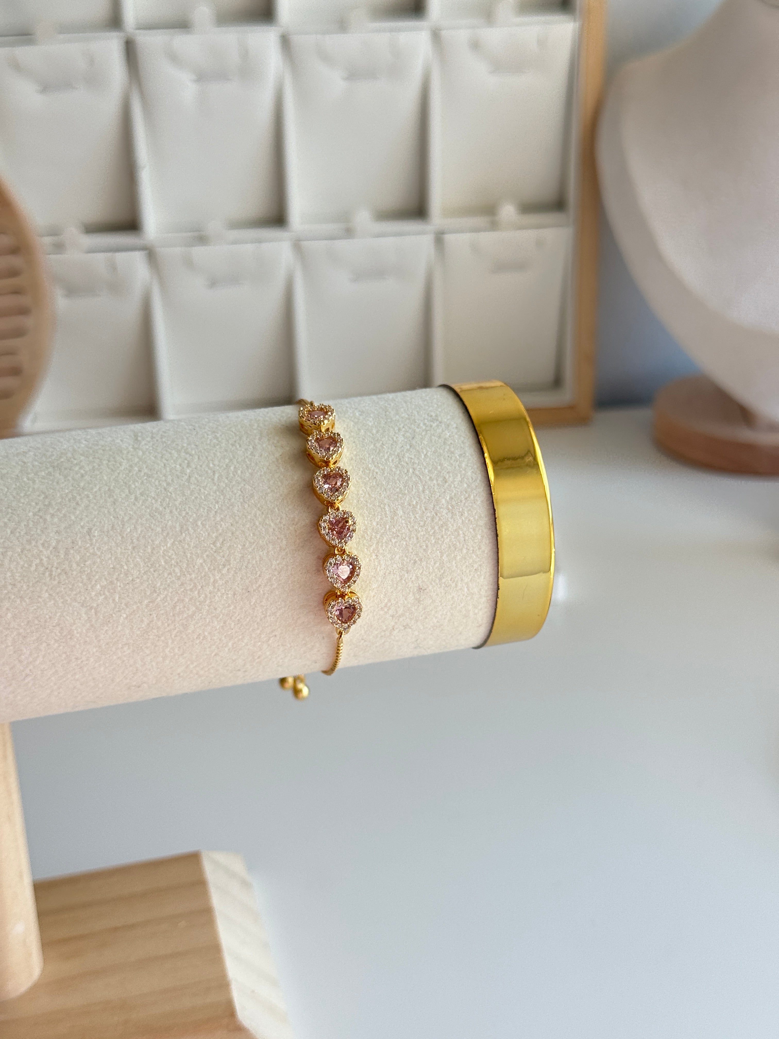 Gold Pink Heart Zircon Slider Bracelet