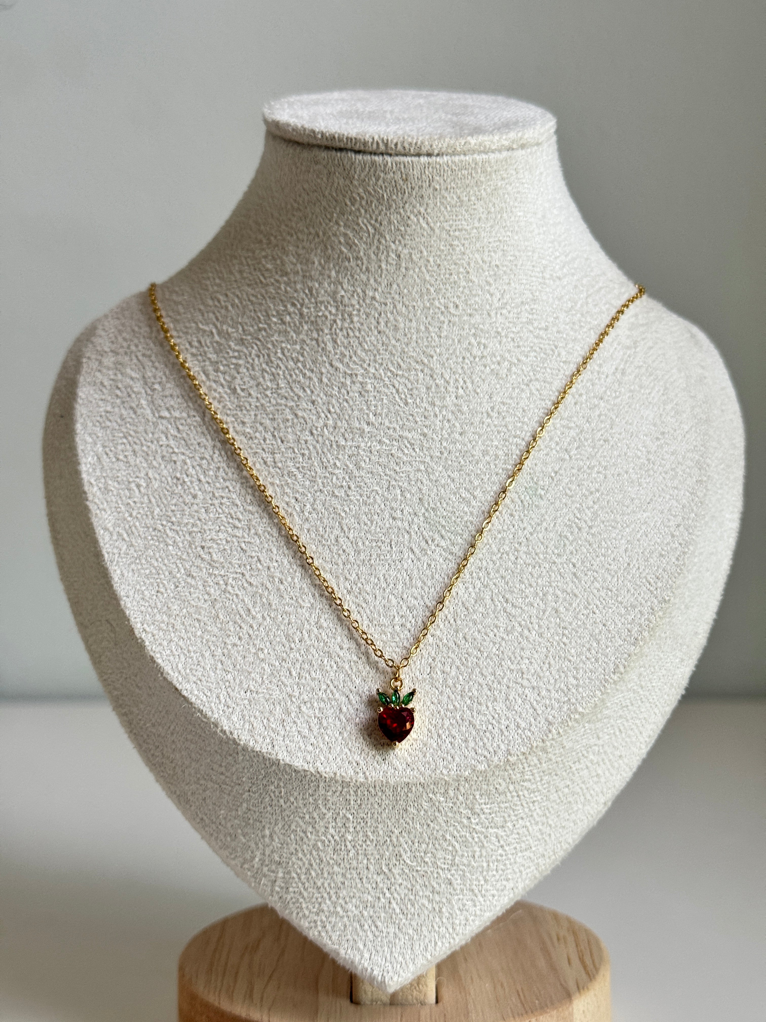 Ruby Strawberry Charm Necklace – Gold