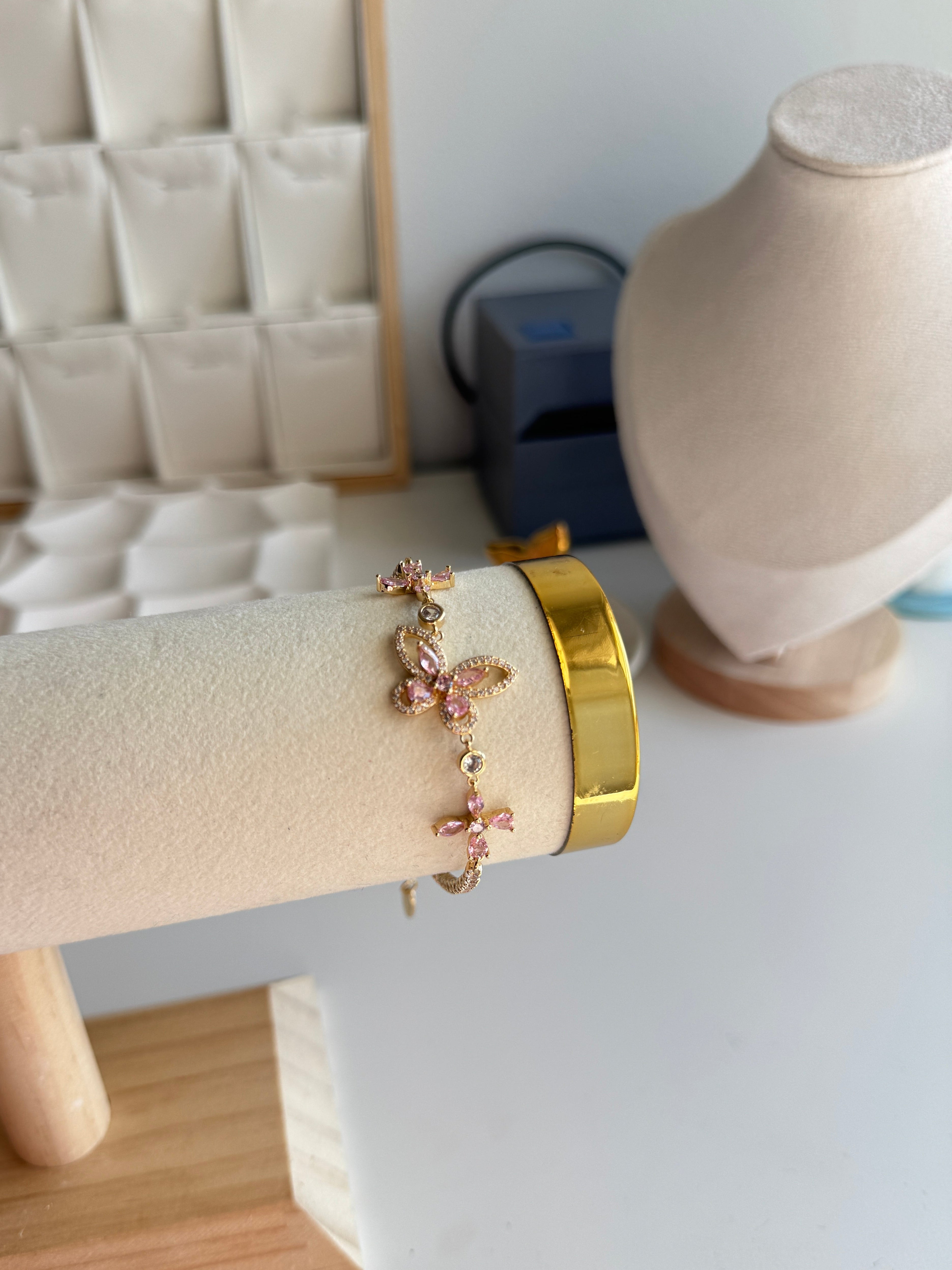 Gold Plated Pink Flower Crystal Bracelet – Adjustable Elegant Jewelry