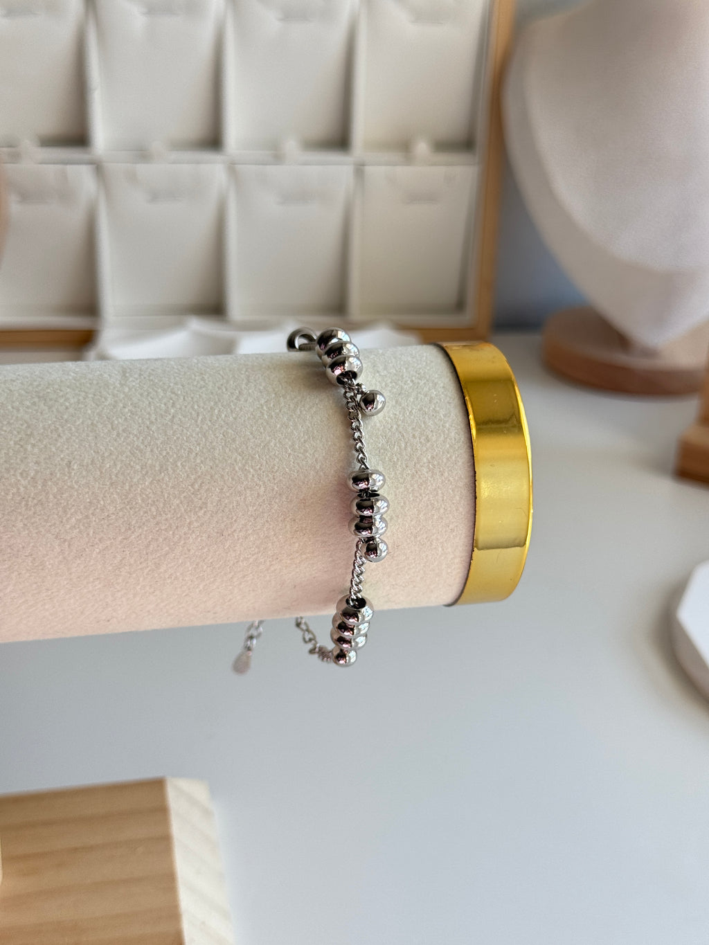 Silver Beaded Charm Bracelet – Adjustable Chain