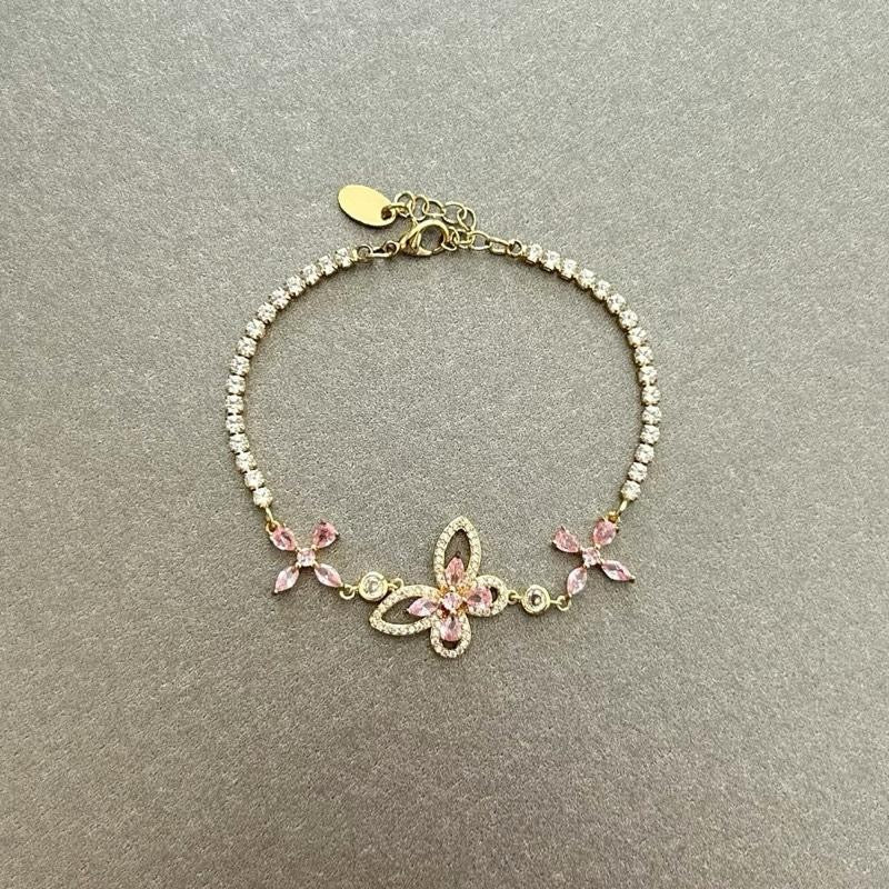 Gold Plated Pink Flower Crystal Bracelet – Adjustable Elegant Jewelry