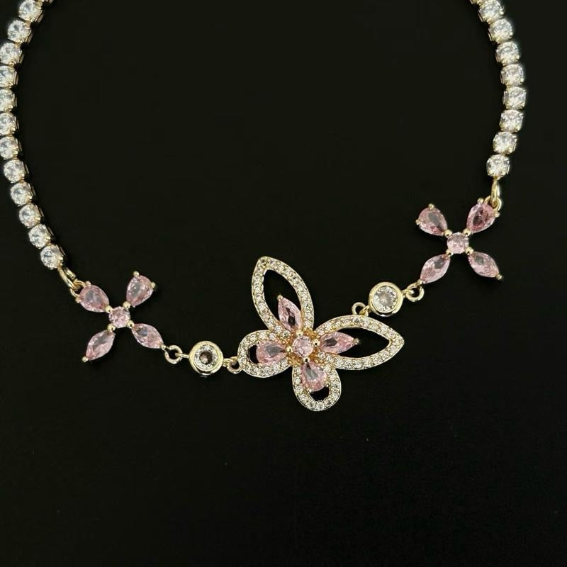 Gold Plated Pink Flower Crystal Bracelet – Adjustable Elegant Jewelry