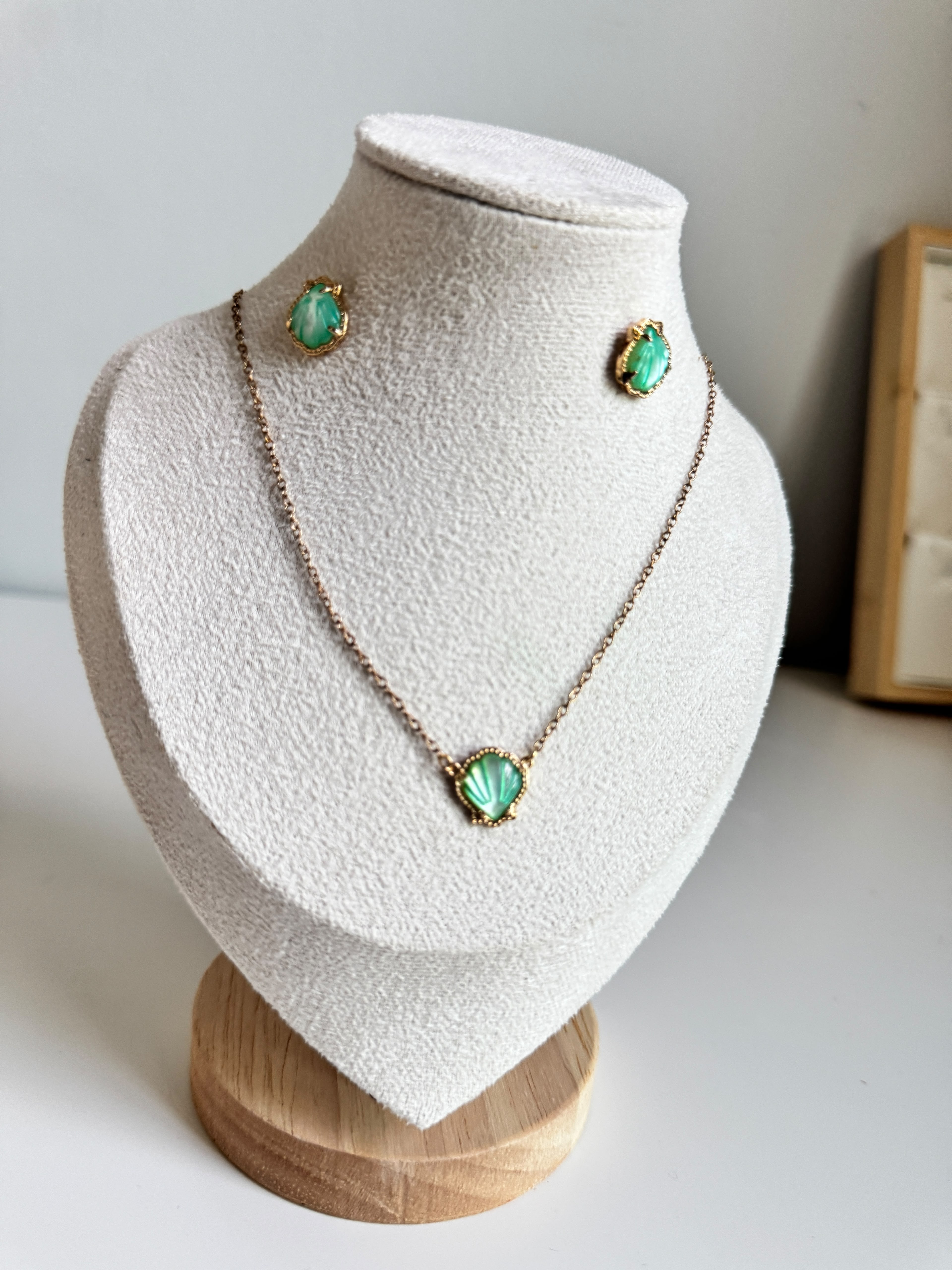 Gold-Plated Green Shell & Stud Earring Set