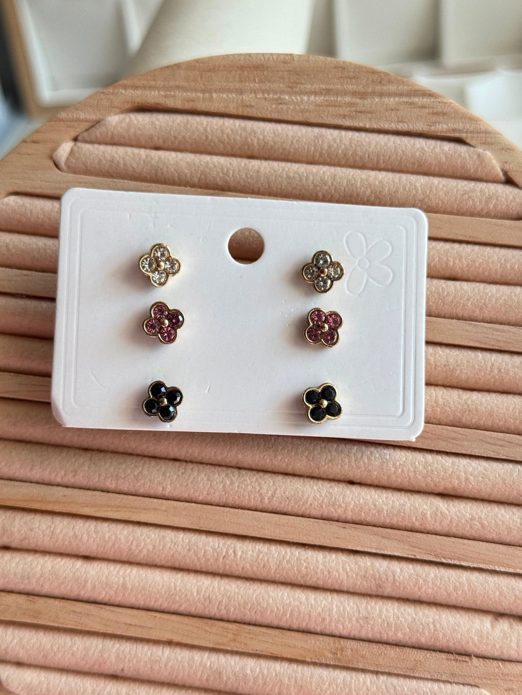 3-Pair Crystal Flower Studs