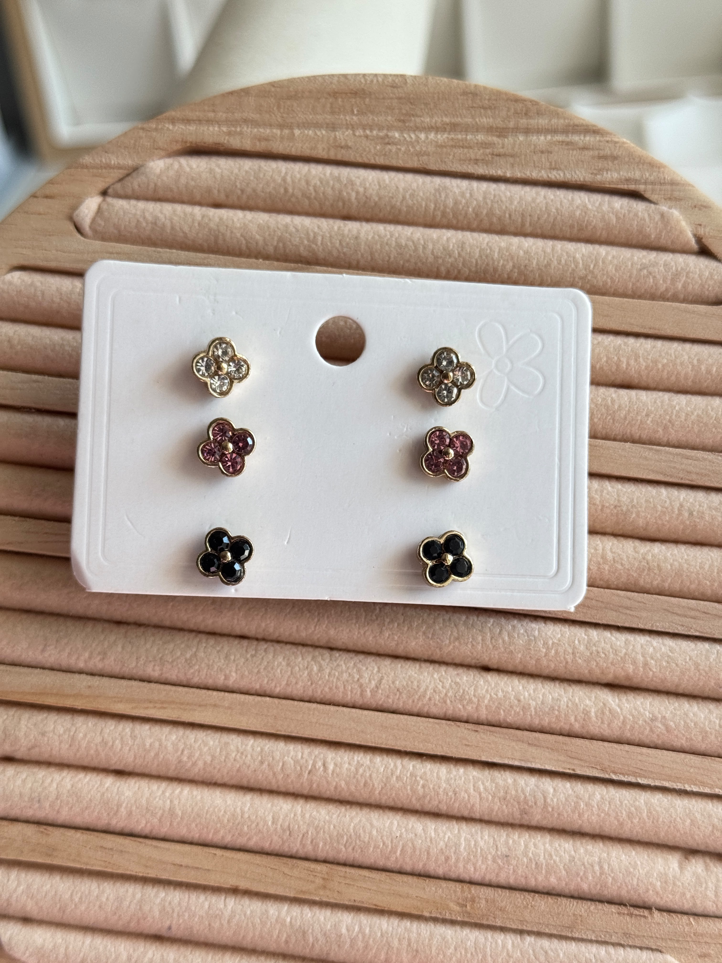 3-Pair Crystal Flower Studs