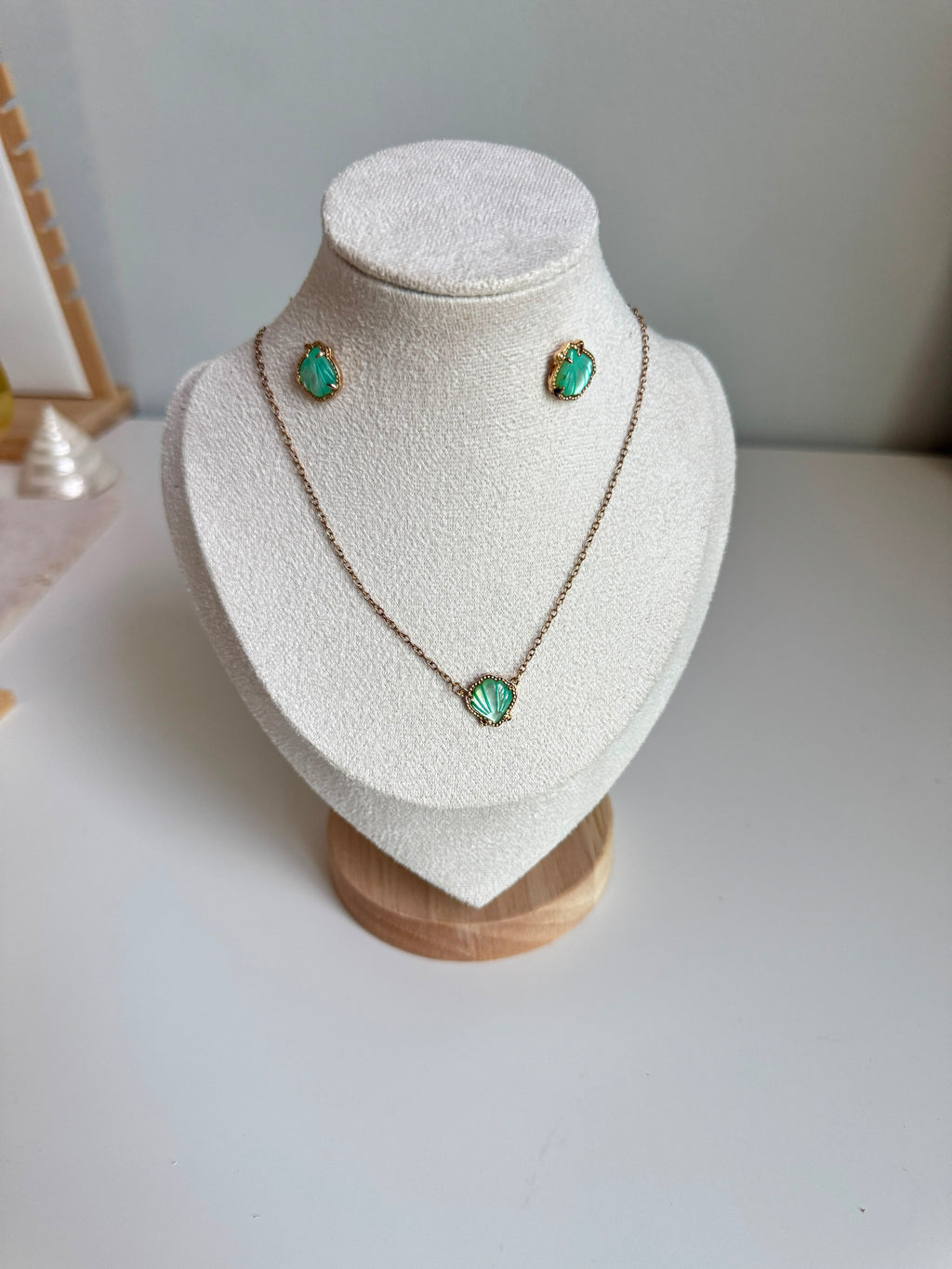 Gold-Plated Green Shell & Stud Earring Set