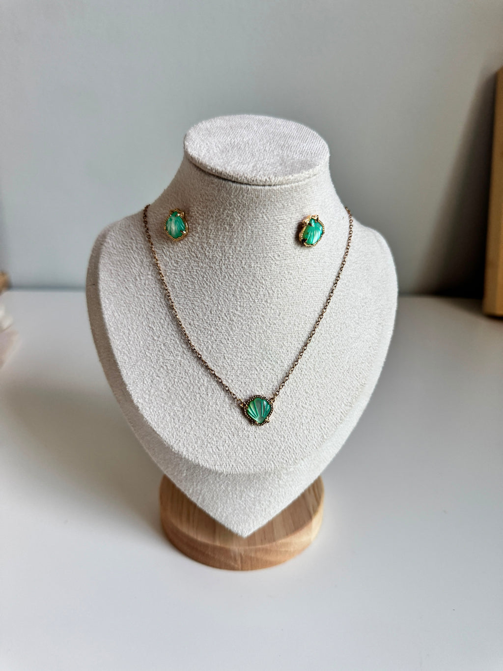 Gold-Plated Green Shell & Stud Earring Set