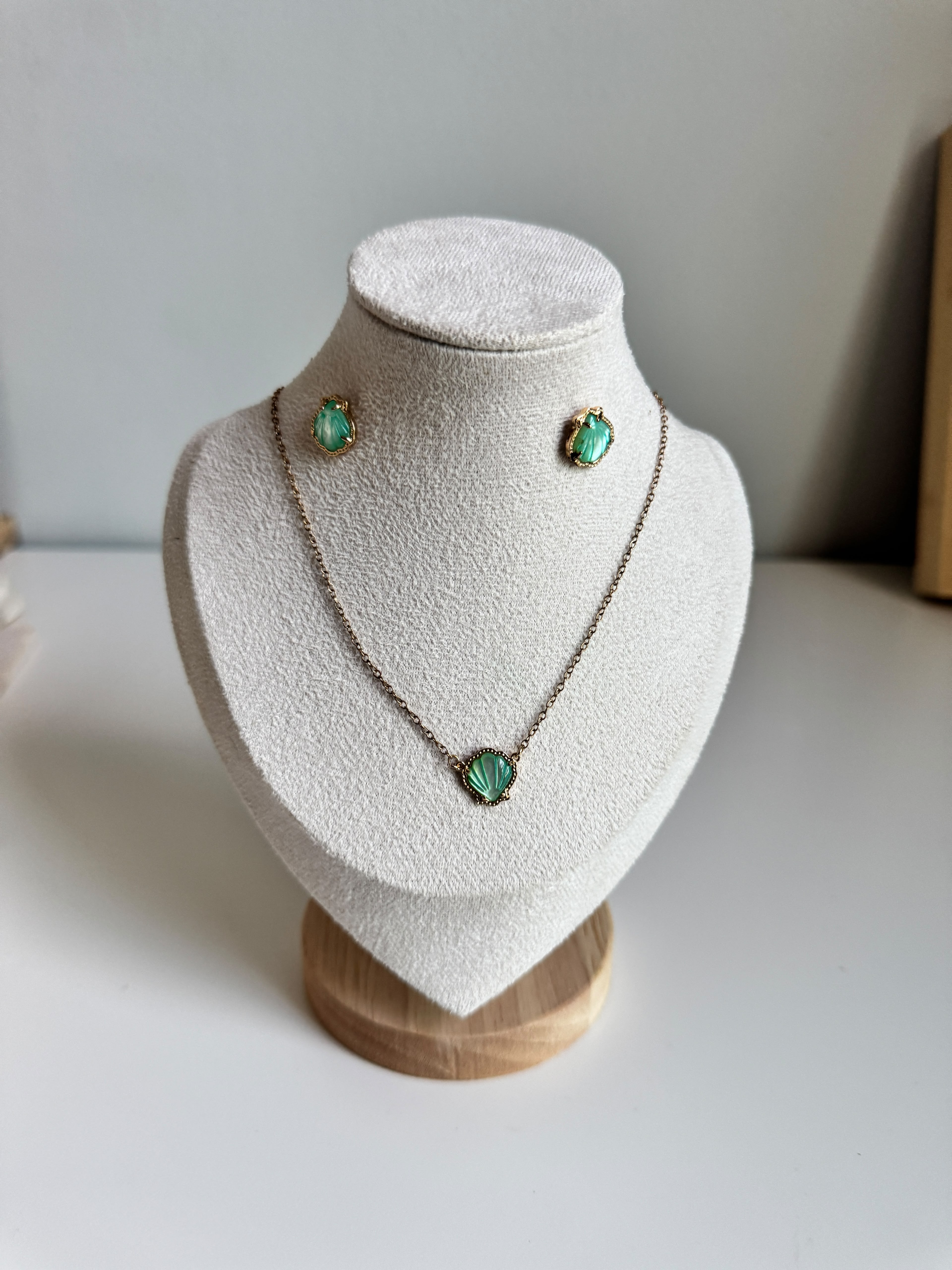 Gold-Plated Green Shell & Stud Earring Set