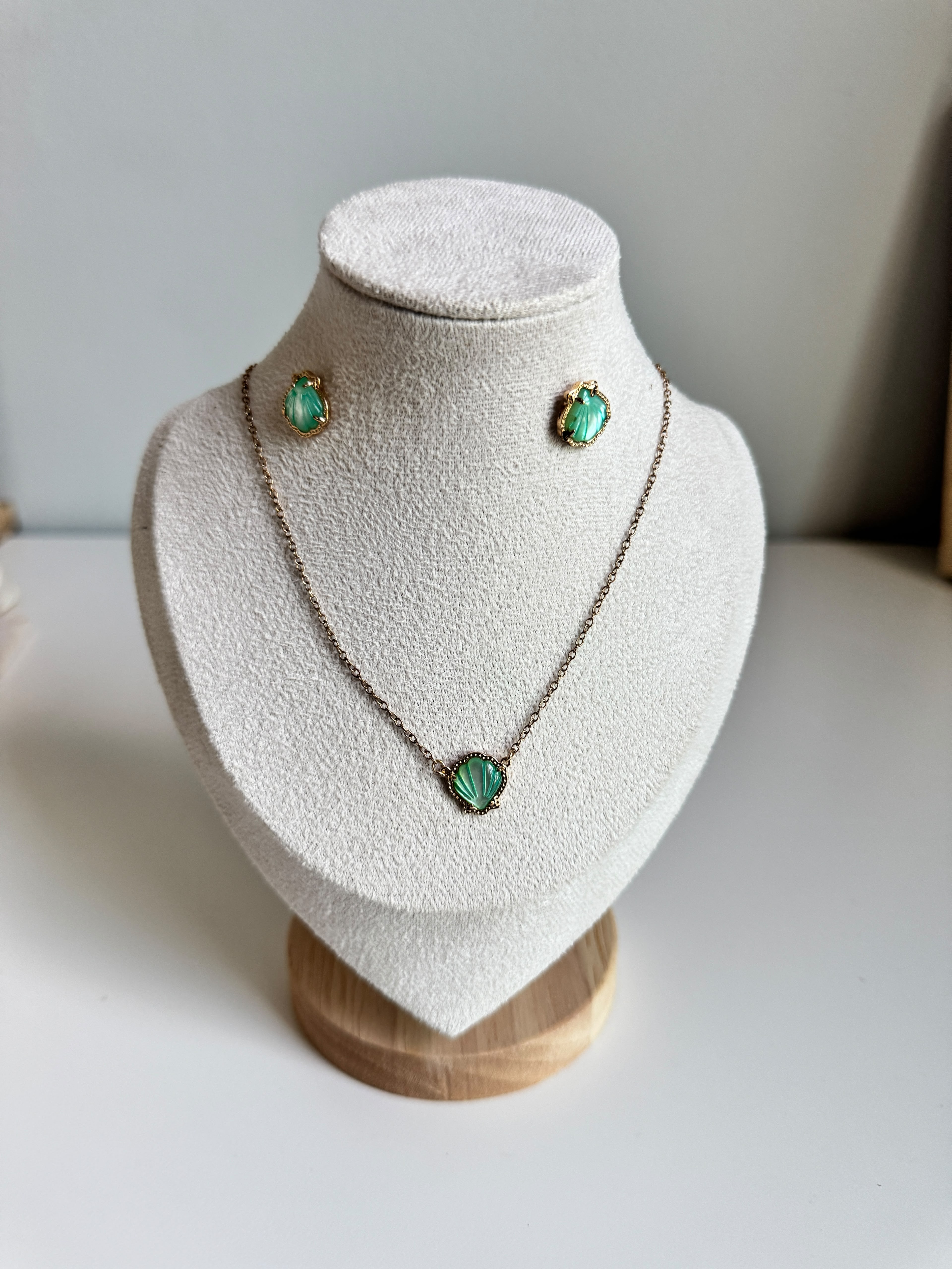 Gold-Plated Green Shell & Stud Earring Set
