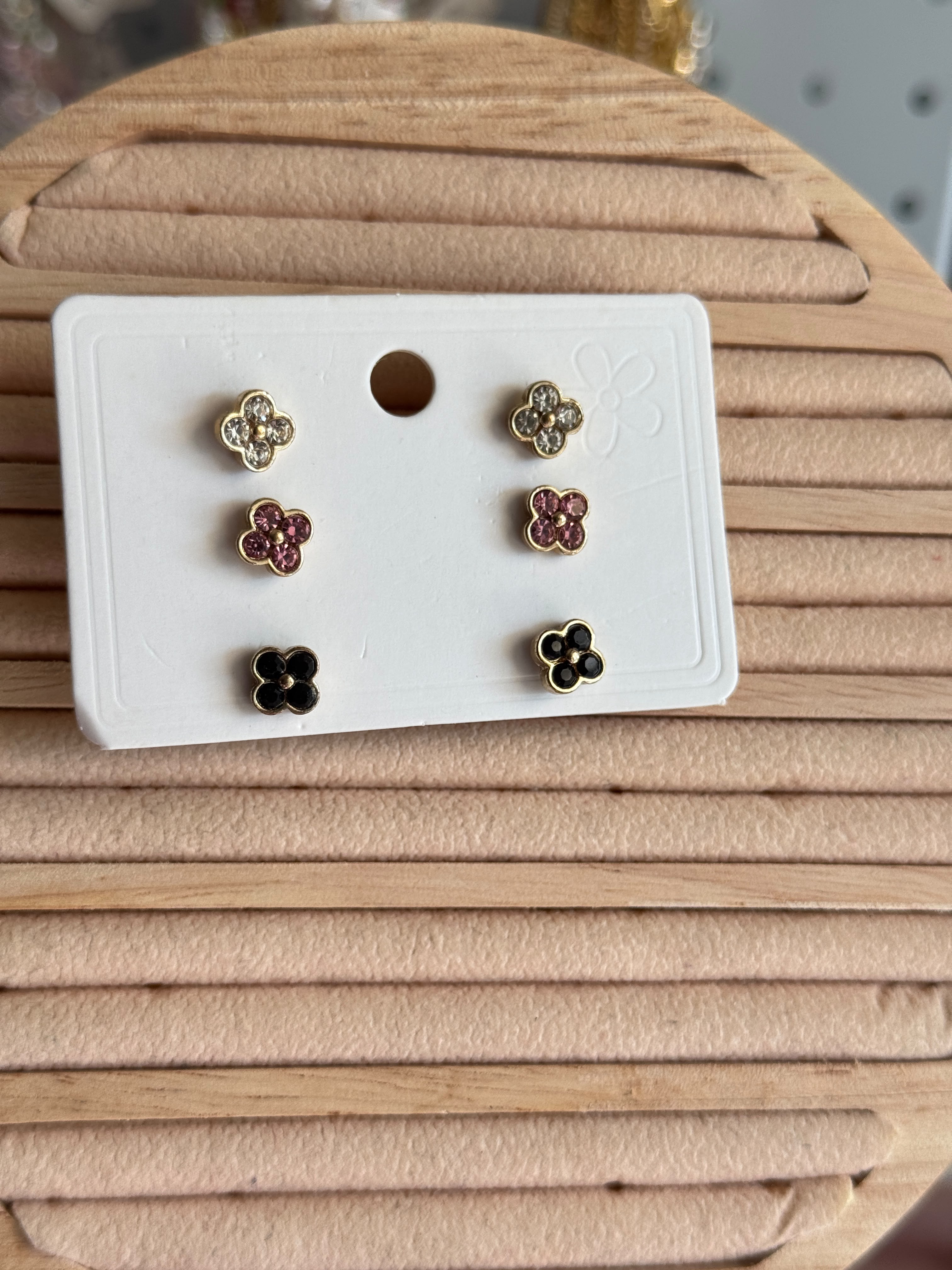 3-Pair Crystal Flower Studs