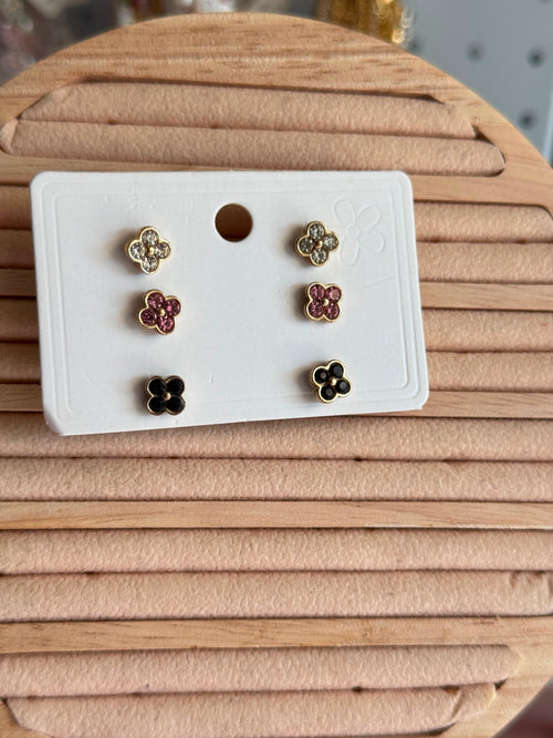 3-Pair Crystal Flower Studs